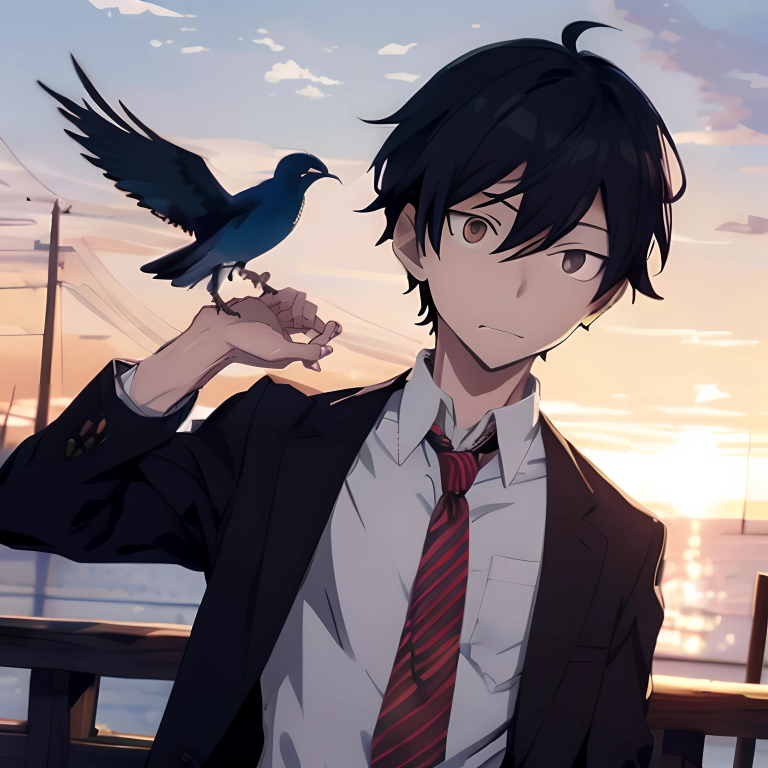 anime, a man in a suit and tie holding a bird, inspired by Okumura Masanobu, inspired by Okumura Togyu, young anime man, handsome anime pose, 4k anime wallpaper, with his pet bird, anime wallpaper 4 k, anime wallpaper 4k, 4 k manga wallpaper, tall anime guy with blue eyes