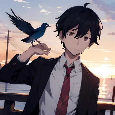 anime, a man in a suit and tie holding a bird, inspired by Okumura Masanobu, inspired by Okumura Togyu, young anime man, handsom...