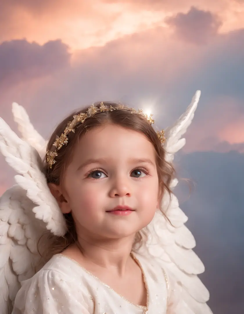 up close photo of(adorable little angel:1.5),(sky with starry clouds:1.2)，（ masterpiece,photorealistic,:1.4），(Fujifilm XT3:1.2)