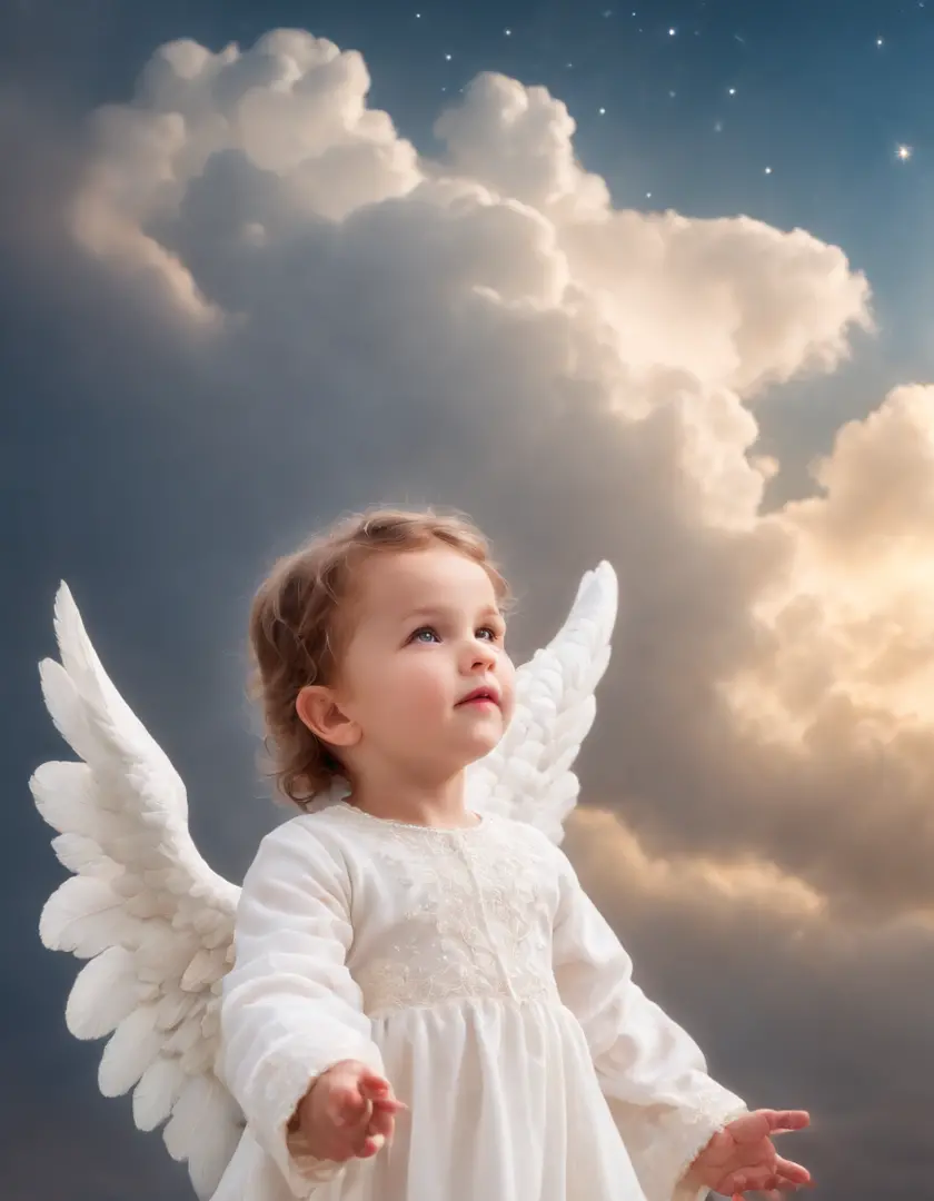 an up close photo of (adorable little angel:1.5), (sky with starry clouds:1.2)