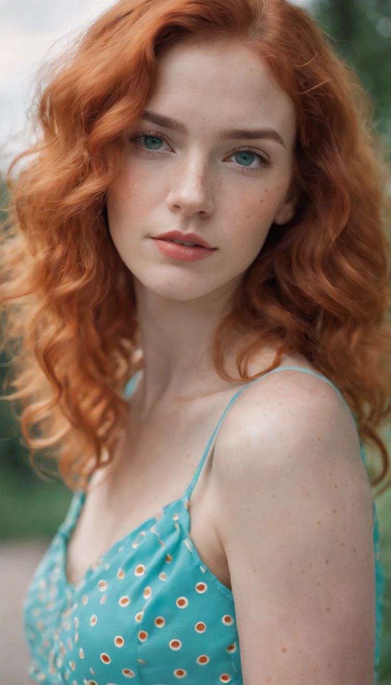 the portrait of a young woman with curly red hair and polka dot skirt, in the style of light orange and turquoise, vibrant color gradients, playful expressions, normcore, vibrant and textured, 1970–present, shiny