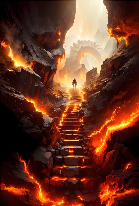 A man walks up the stairs in a cave, stairs from hell to heaven ...