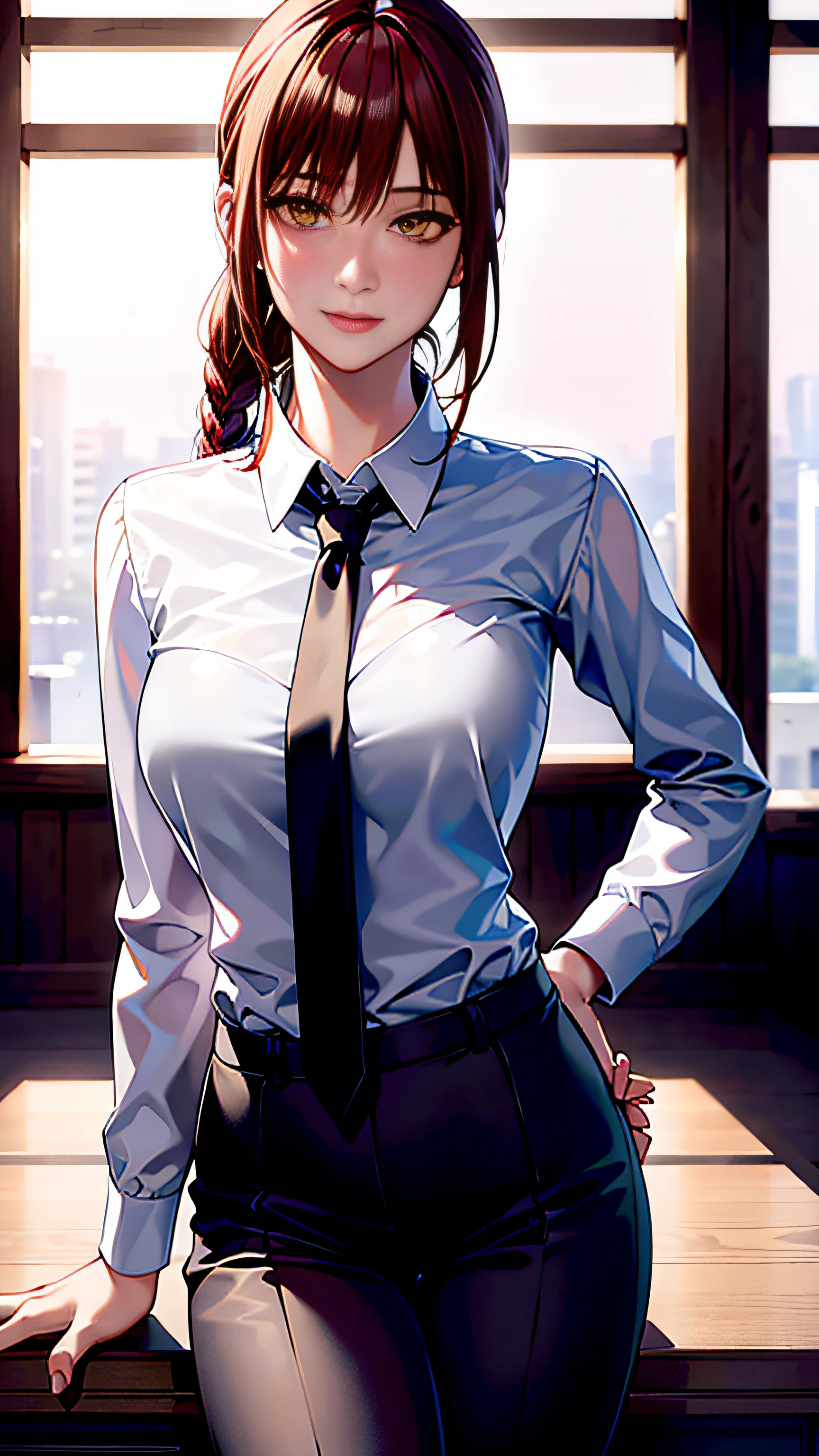 detailed shiny skin, (realistic, photo-realistic:1.4), a pretty girl, standing, looking out of window, white shirt, collared shirt, black necktie, black trousers, long sleeves, slight smile (nose blush), yellow eyes + ringed eyes, short hair + red hair + long braided hair, makima \(chainsaw man\)