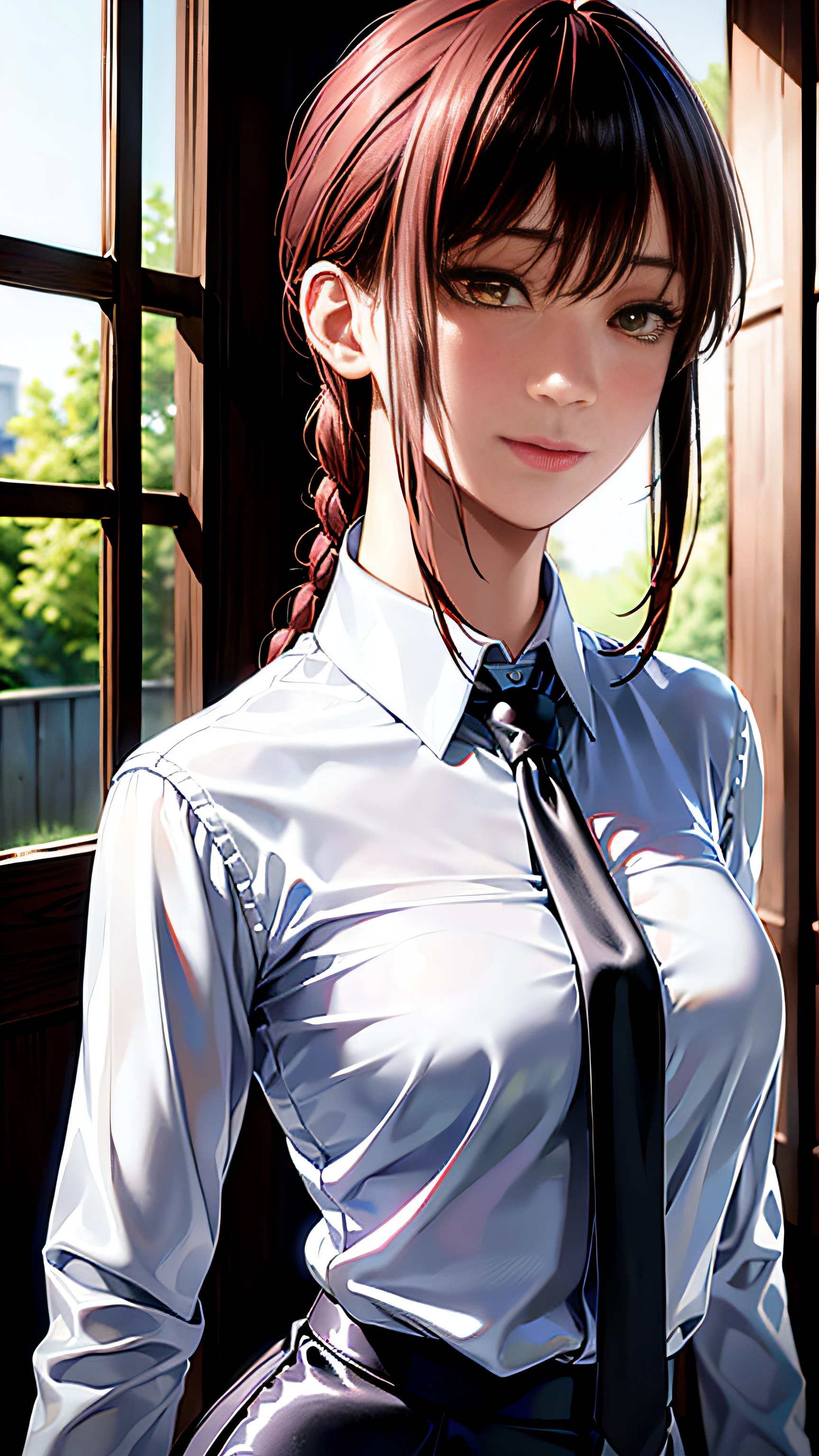 detailed shiny skin, (realistic, photo-realistic:1.4), a pretty girl, standing, looking out of window, white shirt, collared shirt, black necktie, black trousers, long sleeves, slight smile (nose blush), yellow eyes + ringed eyes, short hair + red hair + long braided hair, makima \(chainsaw man\)