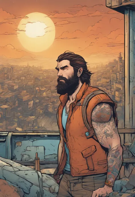A 30-year-old man with a beard and long chestnut hair with a scar on his left eye and tattooed arms in a post-apocalyptic universe