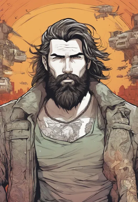 Portrait of a 30-year-old man with a beard and long chestnut hair and tattooed arms in a post-apocalyptic universe