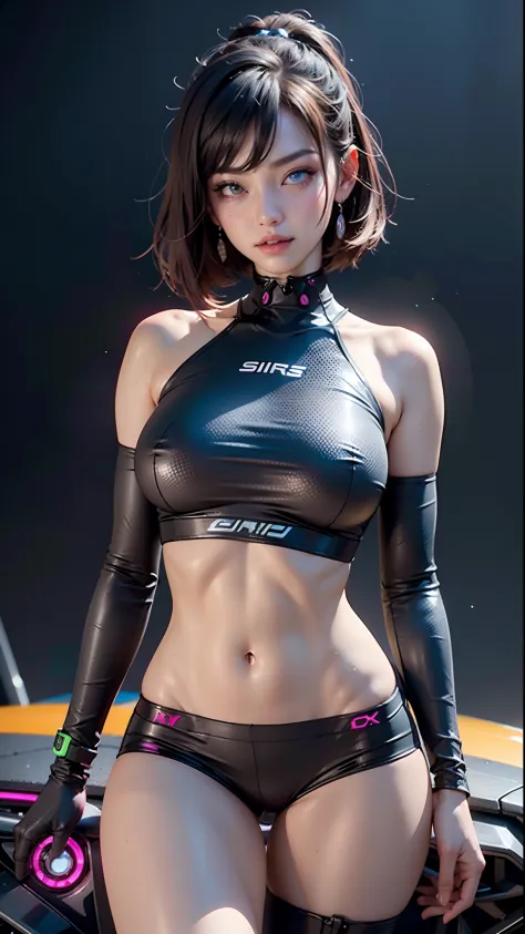 best qualtiy，tmasterpiece，A high resolution，1girl，Woman body defined thighs, cybernetic body parts，Short neon underwear，neon color clothes, bright clothes, sci-fy，Large breasts，Seductive pose, perfect eyes。A high resolution, 8k, Background bokeh, synthwave...