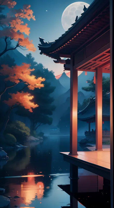 Night view with Chinese porch, A Chinese lady walked by, Wearing Hanfu, Minimalist illustration, classical, Chinese Zen, Minimalism, Tang dynasty, Landscape painting, Red and classic blue gradients, water Reflections, Moon, zen-like tranquility