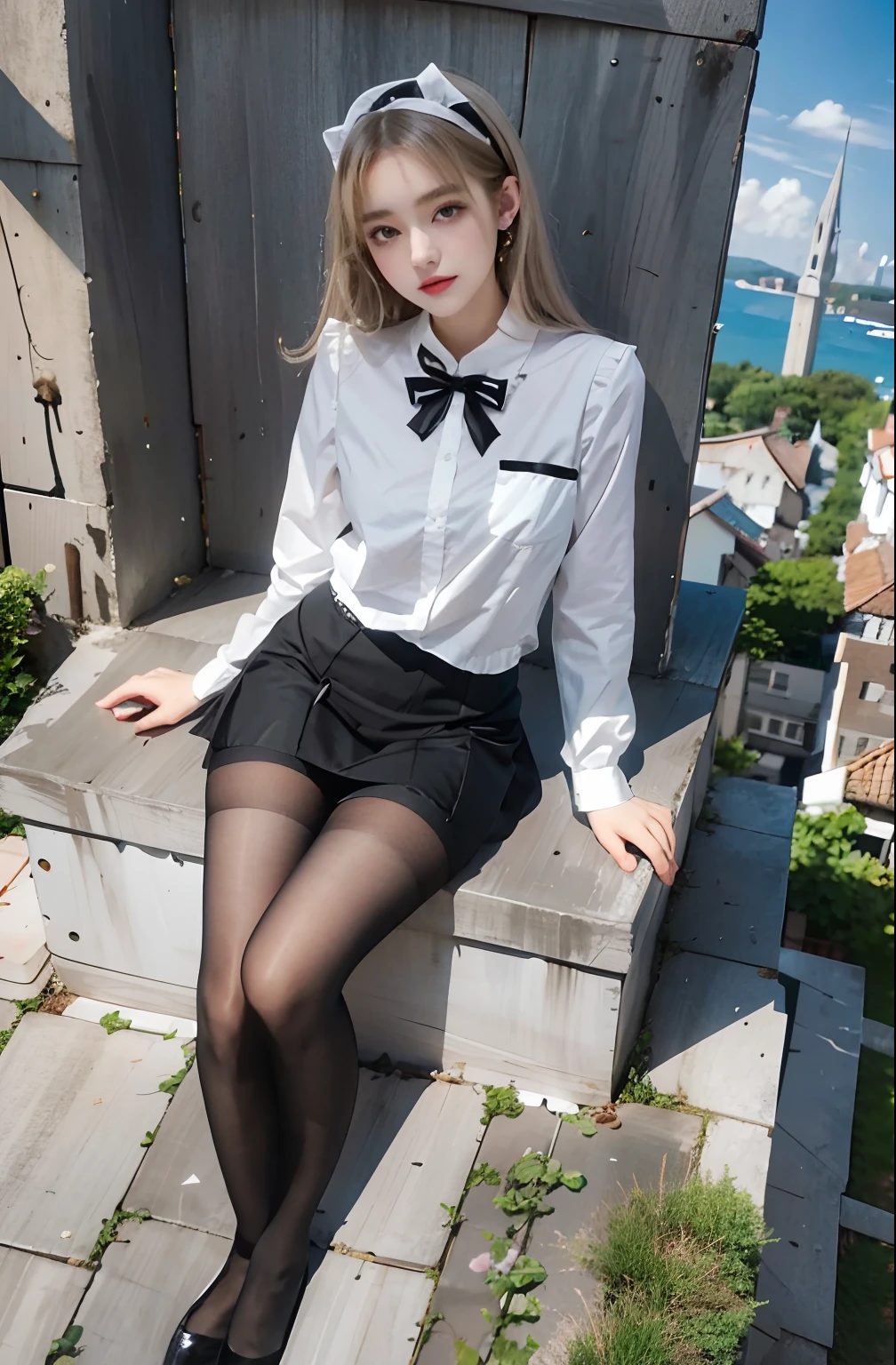 there is a woman in a white dress and black stockings, Maid outfit, Maid dress, cosplay of a catboy! maid! dress, smooth white tight clothes suit, wearing maid uniform, maid costume, ( ivory black ), white and black, pale snow-white skin, gorgeous maid, sakimichan, anime girl in a maid costume, shikamimi