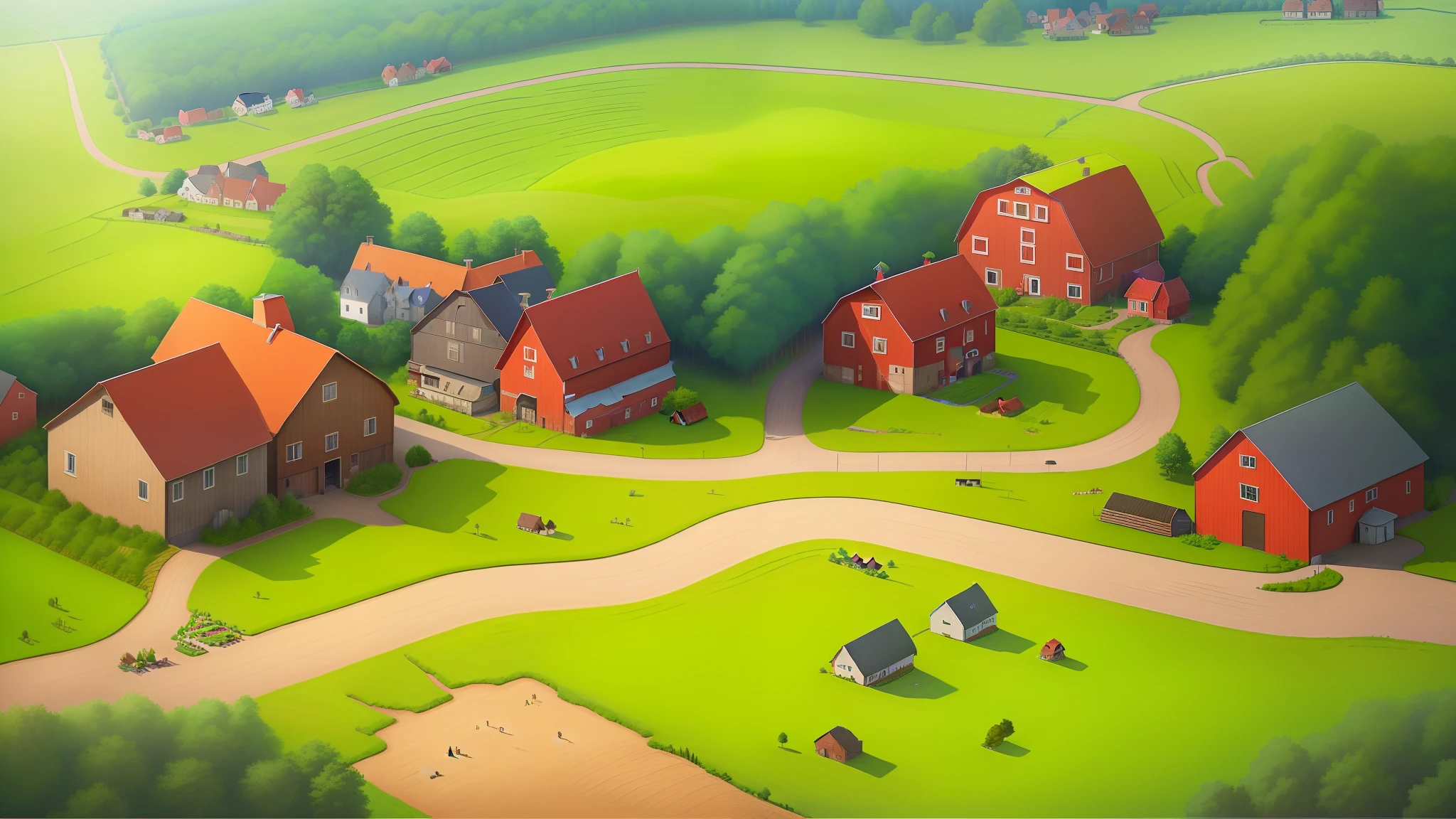 There is a picture of a cartoon farm with a red barn, small town surrounding, town center background, residential area, house and road, small village, 2 d overhead view, town background, countryside city scene, view over city, Detailed 2D illustration, Houses and buildings, Small city, game top down view, town in the background, city street view background