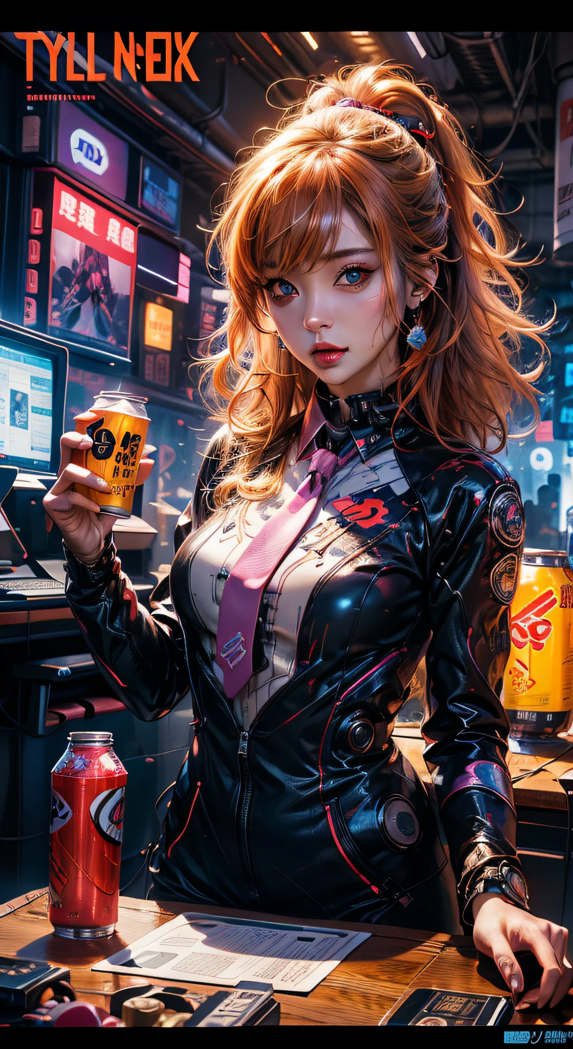 8ｋ、high-level image quality、One man、Systems Engineer、Overtime、energy drink、energy drink、Neon Street、toyko、s Office、personal computers、keyboard、Cable cyberpunk、vivd colour、Shadows are bright colors、Clear Expression、Clear eyes and nose、office worker、office worker、Near future、Surrounded by liquid crystals、toil、Neck tie、jaket、Clear contour lines、8K、Clear facial parts、face clearly visible、Employee ID around the neck、Anime touch、Comic style、the number、Electromechanical、Acrobatic system、Movie poster style、vivd colour、Popular design、Merchant、Shadows are bright colors、energy drink、Canned energy drinks are scattered all over the place、Place the capsule form of the drug on the tongue、Capsule-like drugs are scattered、trippy colors、psychopath、The halo points to、God、Deities々right、The entire screen is vividly colored、Clown makeup