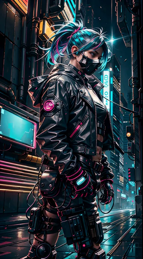 CyberpunkAI, neon, 1boy, elf, neon hair, neon eyes, ponytail hairstyle, black leather jacket,sniper rifle, hood up, sneaking, mask,goggles,
