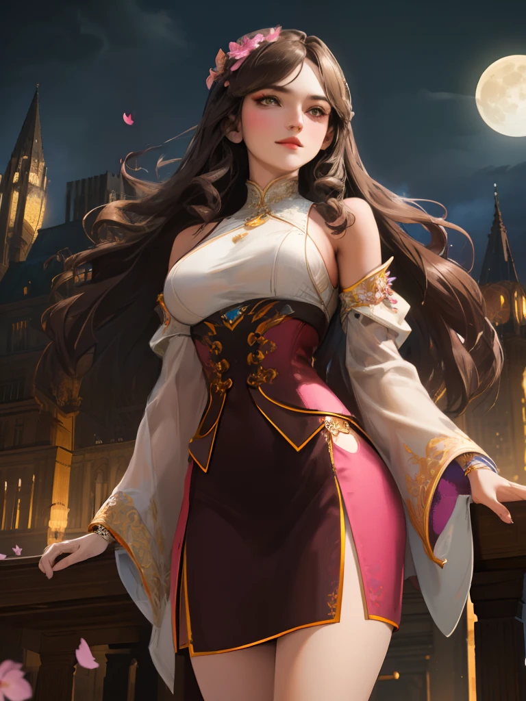 Detailed woman face looking at camera, dark- brown eyes,  masterpiece, best quality,
1girl, (colorful),(finely detailed beautiful eyes and detailed face),cinematic lighting,bust shot,extremely detailed CG unity 8k wallpaper, brown hair,solo,smile,intricate skirt,((flying petal)),(Flowery meadow)
sky, cloudy_sky, building, moonlight, moon, night, (dark theme:1.3