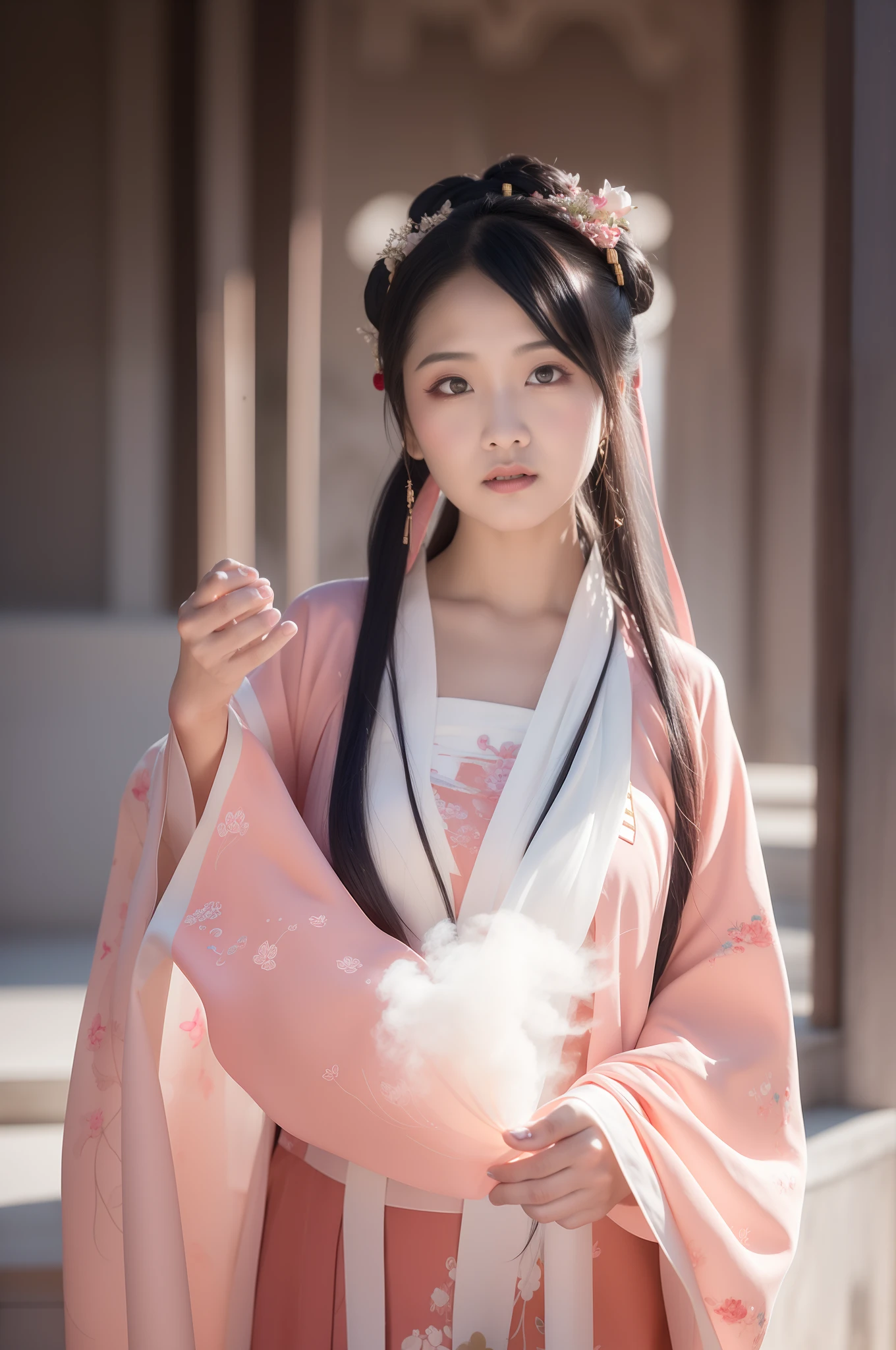 arafed asian woman in a pink dress and a white shawl, with acient chinese clothes, palace ， a girl in hanfu, white hanfu, wearing ancient chinese clothes, full body xianxia, heise-lian yan fang, traditional chinese clothing, chinese girl, xintong chen, yun ling, chinese costume, xianxia, pale and coloured kimono, 1girl, Dunhuang flying costume, messy long hair, zydG, Dunhuang style, lots of smoke, superb, elegant colors, realistic, high detail, masterpiece, super detail, dynamic angle, mural background, ink, amazing, cinematic lighting, illustration, chiaroscuro, backlight, god ray, lotus, lotus, best quality, anatomically correct, surrealism, drop shadow, anaglyph, stereogram, tachi-e, pov, atmospheric perspective, 8k, super detail, ccurate, best quality, anatomically correct, high details, best quality, high quality, highres
