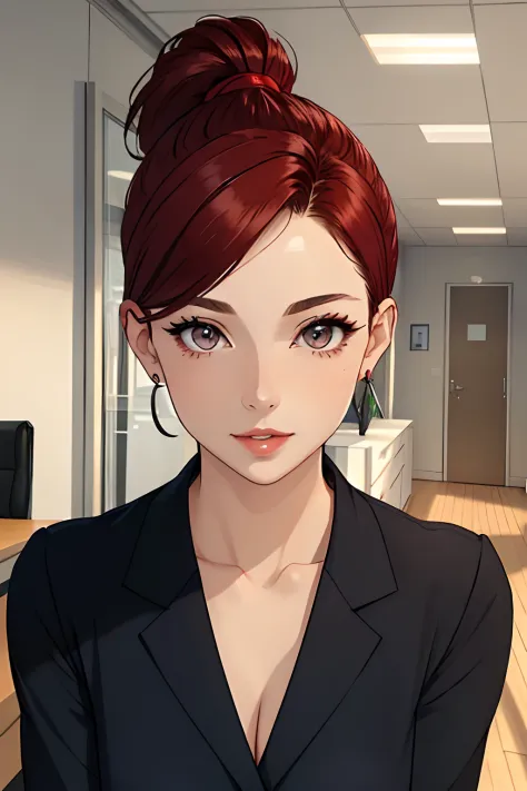 (masterpiece, best quality:1.2),detailed face, detailed eyes, ponytail, short hair,office hair style, elegant woman, office, ind...