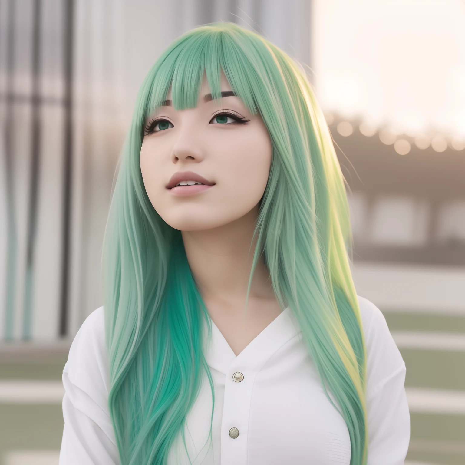 light green hair, wispy bangs, ahegao