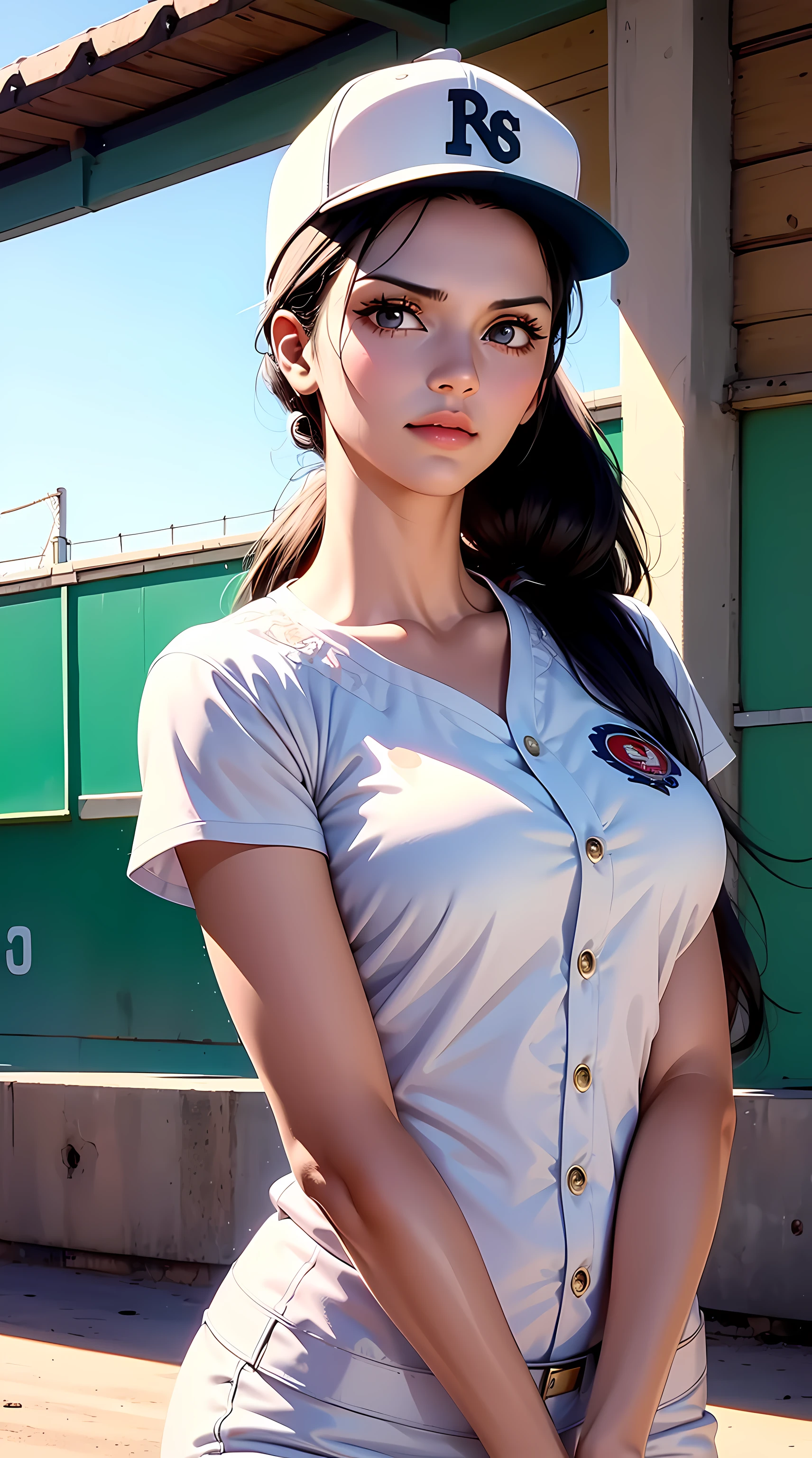 NicoRobinV3, nico robin from the anime one piece, long hair, black hair, bangs, ponytail, beautiful, beautiful woman, perfect body, perfect breasts, wearing white baseball clothes, wearing white a baseball hat, on the baseball field, holding a baseball, looking at viewer, slight smile, realism, masterpiece, textured skin, super detail, high detail, high quality, best quality, 1080p, 16k