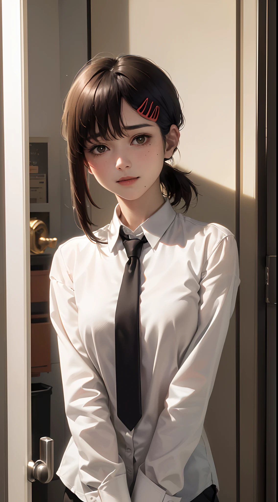 masterpiece, best quality, ultra-detailed, illustration, epic lighting, cinematic composition, isometric, 1girl, solo, cute, brown eyes, black hair, swept bangs, single sidelock, red hairclip, white collared shirt, black necktie, black pants, formal, enchanting gaze, captivating pose, indoors, office, door, opening door, looking at viewer, peeking out upper body, blush, seductive smile, closed mouth,(8k:1.1),