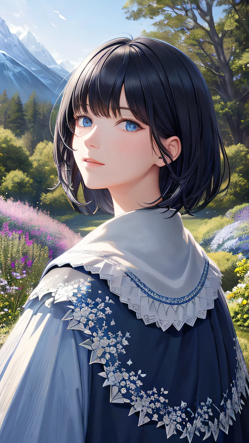 Masterpiece, best quality, 1girl (black short hair with fringe) (blue eyes), solo, from behind, Hogwart uniform (black and blue cloak) (blue and white clothes), detailed face, detailed eyes, day, forest, trees, flowers, bushes, sunlight, mountainous horizon, sky, warm lighting, hyperrealistic, detailed background, depth of field, rimlighting, specular highlights, bloom, atmospheric lighting, fantasy, detailed lighting, perfect shadow, Masterpiece, best picture quality, nature landscape full of delicate leaves, petals of various colors slowly falling in the air, lighting excellent enough, overall picture quality very detailed and realistic, best illustration and best shadow effect, using super detailed v6 model.