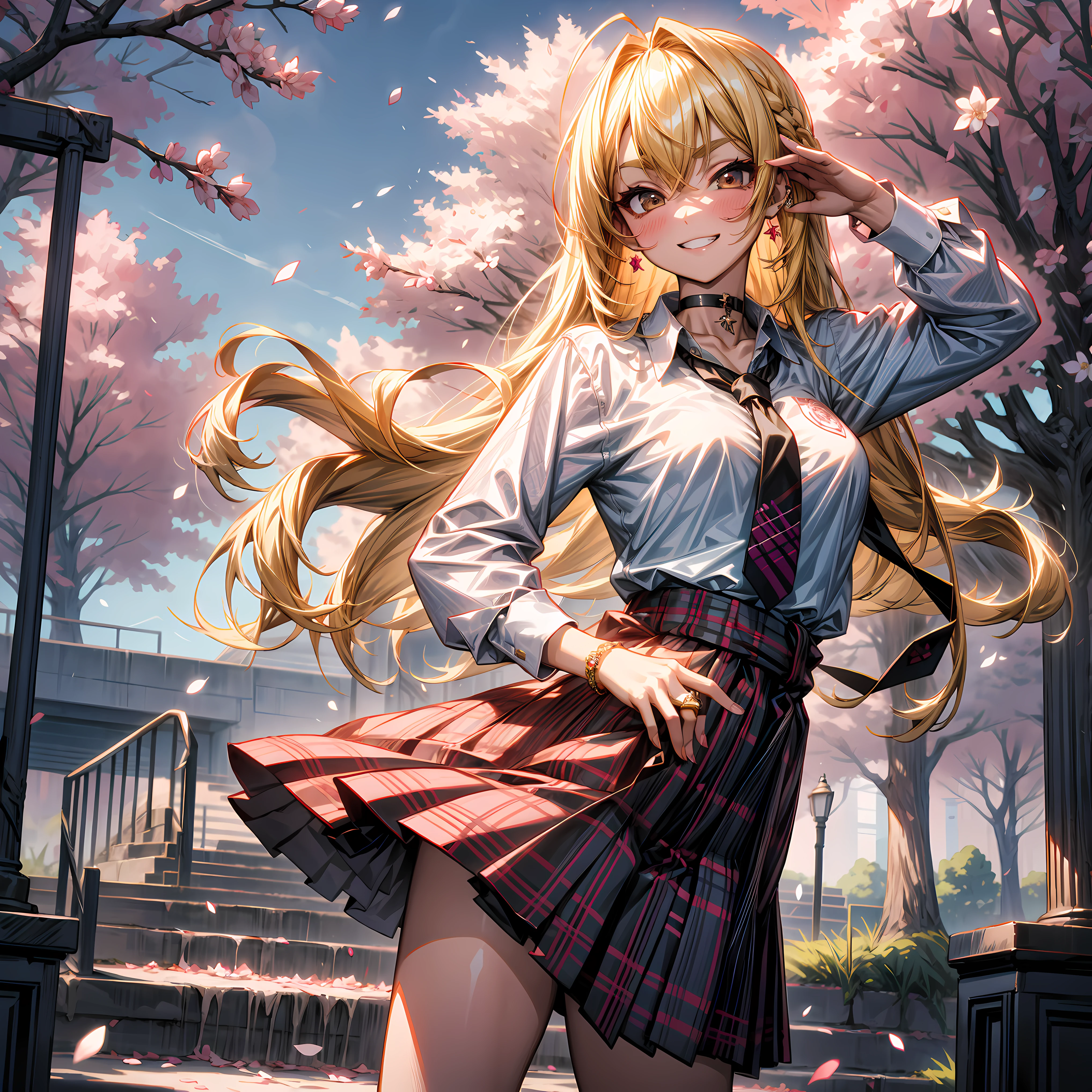 8K, highres, Meisterwerk, beste Qualität, 
Gruß, Hand auf der Hüfte, 
Ganzkörper, momosuzu nene , 1 Mädchen, 
bangs, blondes Haar,erröten,
black Halsband, black necktie,  (Rose auf Haarnadel), blue Rock,  Armband, Halsband, Kleidung um die Taille, Schlüsselbein, collared Hemd,  dress Hemd, ear Piercing, Augenbrauen durch Haare sichtbar, Farbverlauf-Haar, Grinsen, gyaru, Schmuck, kogal, lange Haare, 
 loose necktie, necktie, Piercing, Plaid, Plaid Rock, pleated Rock, Ring, , Hemd, Rock, lächeln, Allein, white Hemd, 
Cowboy-Schuss,Betrachter betrachten,
Straße, Himmel, Kirschblüten, Blütenblätter, realistische Haut,