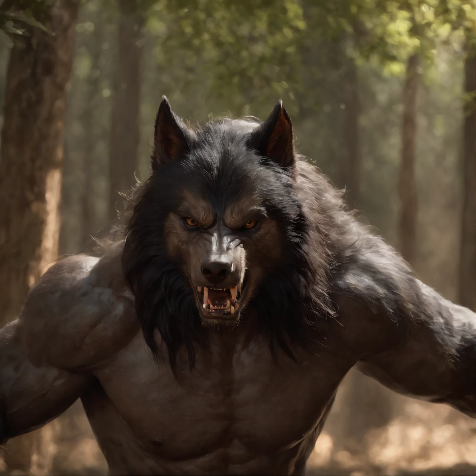 A man in a werewolf costume is standing in the woods - SeaArt AI