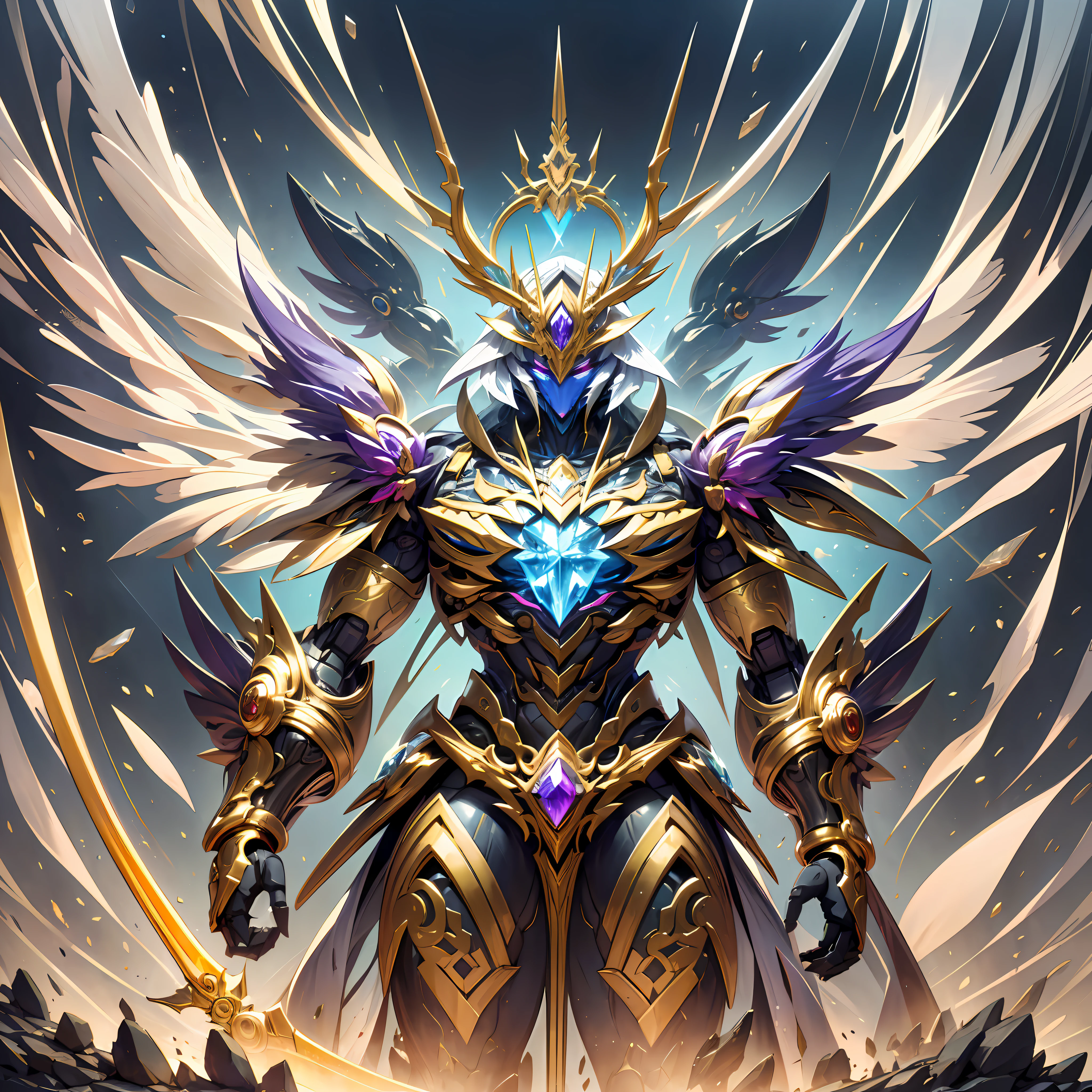 The ultimate king of the universe,Ancient divine beast armor,Ancient legends,Chinese Taoism,mysterious symbols,Ethereal lights,surrounded by cloud,Fighting posture,giant mecha,(Smooth surface),Stand on a cliff overlooking the night view,Cyberpunk-city,White is the main color，With red、Bright decorative colors such as blue and gold。There are powerful thrusters,(crystal:1.3),(((巨作))),(((Best quality))),((ultra -detailed))((Extremely detailed CG)),((16K resolution))((An extremely delicate and beautiful)),{Photorealistic},Full of detailed light blooms,A masterpiece from the Canon EOS R6 shooting,((nmasterpiece)) ,cinematiclight,独奏,Unreal Engine 5,(holding long sword:1.4),Chinese Longquan sword,Superb craftsmanship、An elegant and powerful sword。The blade is slender and graceful，Forged using traditional techniques。The body of the knife is carved with fine ornaments，Showcasing mythical creatures and symbols of power。The handle is made of precious ivory material)