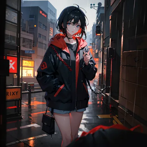 1girl, jacket, rain, outdoors, hoodie, open jacket, chain, backpack, looking at another person, messy hair, trends on artstation, 8k resolution, very detailed, anatomically correct, clear images, digital painting, concept art, trends on pixiv, Shinkai Mako...