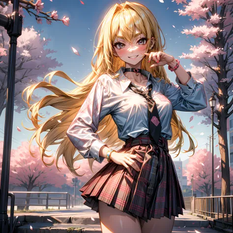 8K, highres, masterpiece, best quality, 
salute, hand on hip, 
full body, momosuzu nene , 1girl, 
bangs, blonde hair,blush,
blac...