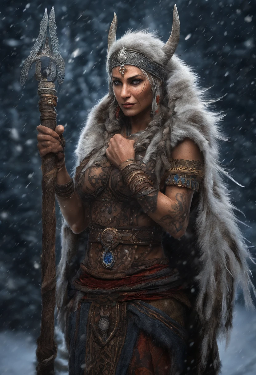 A woman in a viking outfit holding a spear in the snow - SeaArt AI