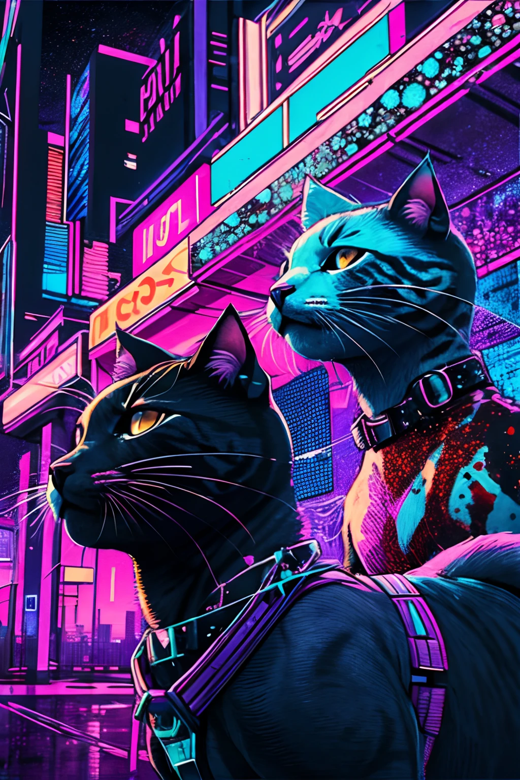 (masutepiece), Best Quality, Three cats、(gritty:0.9),(80's aesthetic:1.1),(neons:0.8),(Retro:0.9),(analogue:1.1),(Grim Reaper:0.5),(Purple and orange color scheme:0.9),(Black and white:0.6),(Drooping letters:0.8),(The aesthetics of vaporwave:1.2),(digital distortion:0.9),(Blood splatters:0.8),(darkness:0.9),