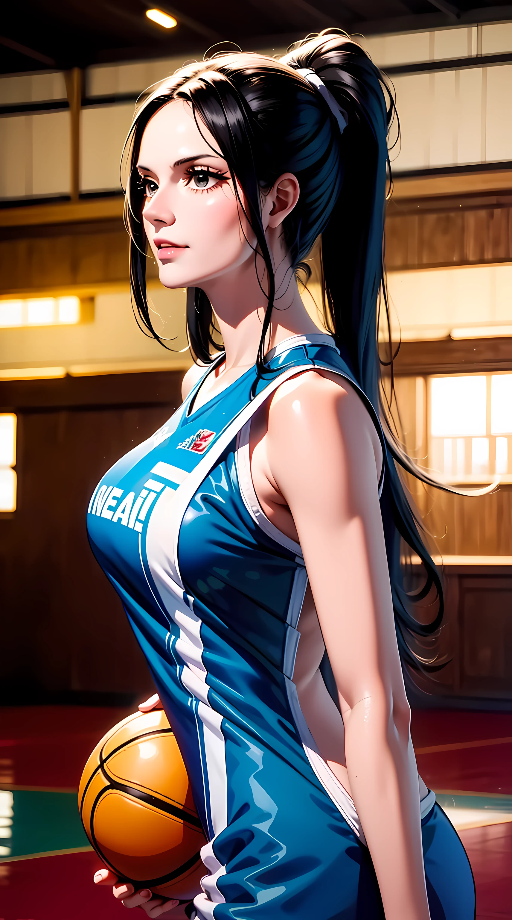 NicoRobinV3, Nico Robin del anime One Piece, pelo largo, pelo negro, golpes, cola de caballo, hermoso, hermoso woman, cuerpo perfecto, pechos perfectos, vistiendo una camiseta de baloncesto, en la cancha de baloncesto, sosteniendo una pelota de baloncesto, aro de baloncesto, mirando a la audiencia, pequeña sonrisa, realism, Obra maestra, piel texturizada, súper detalle, alto detalle, alta calidad, mejor calidad, 1080P, 16k