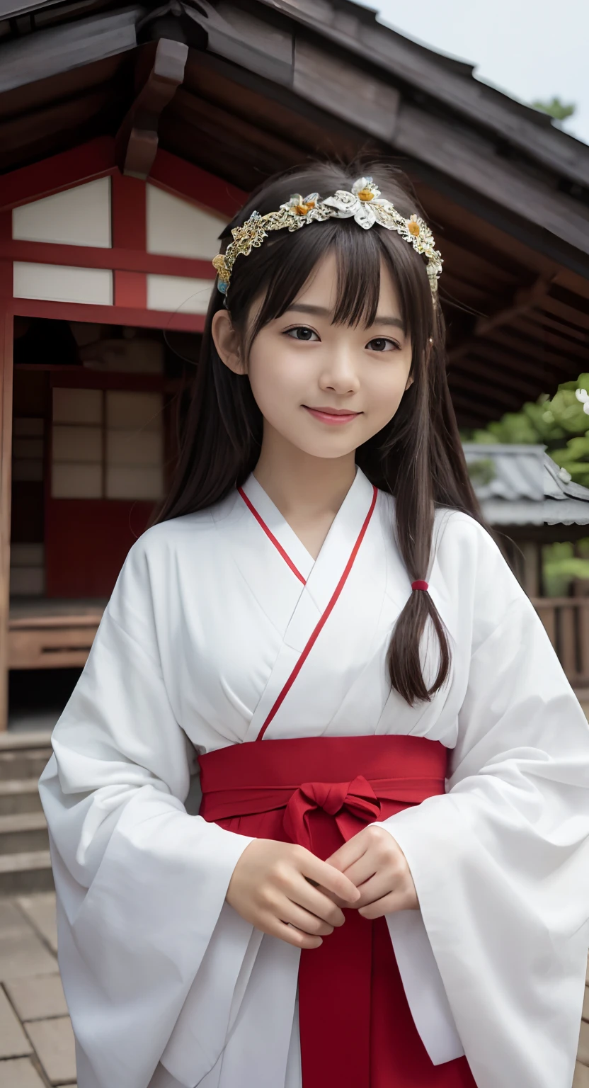 (top-quality、​masterpiece:1.2)、Best Quality、realisitic、photoshot、hight resolution、1080p、8K、Textured skin、Physical Rendering、1 Japan Girls、a junior high school student、kawaii、Young Face、Rolled hair、(Japan shrine priestess costume:1.5 )、Precincts of Japan Shrine、full of shyness、smil、Big