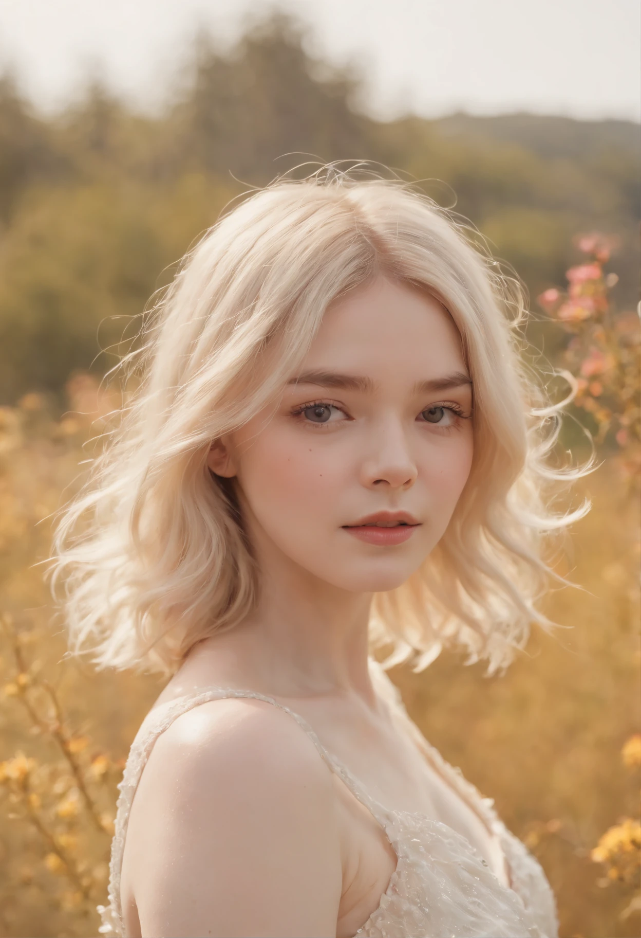 A woman with blonde hair and a white dress standing in a field - SeaArt AI