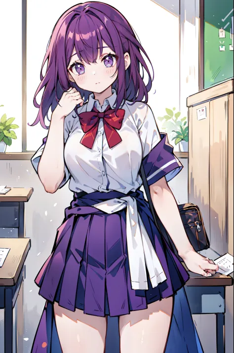 (1 girl in)、Long dark purple hair with two sides up、student clothes、Inside the classroom、((Drawing the head from the waist))、Masterpiece and top quality
