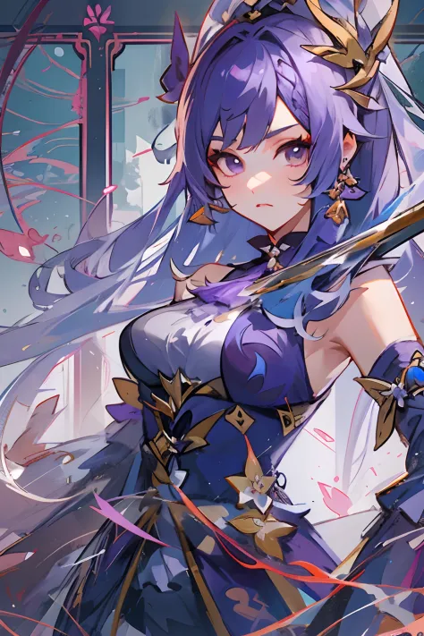 anime girl with purple hair holding a sword and a purple object, a character portrait by Yang J, trending on cg society, fantasy...