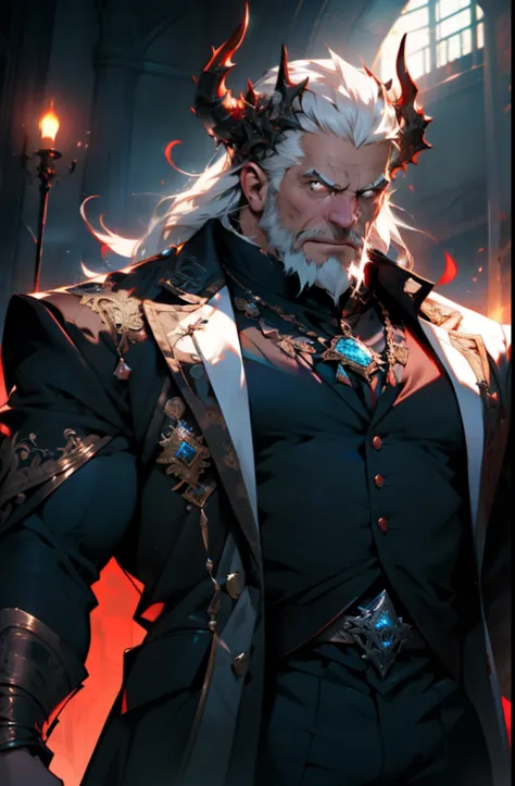 old man, bara,king, thick body, slightly fat,long ornate clothes,luxury,devil crown,white beard,white hair,handsome, sharp gaze, in cage,glowing red eyes,big eyes, big bulge, standing, hide hands behind hip, hd quality, masterpiece, extremely detailed, loo...