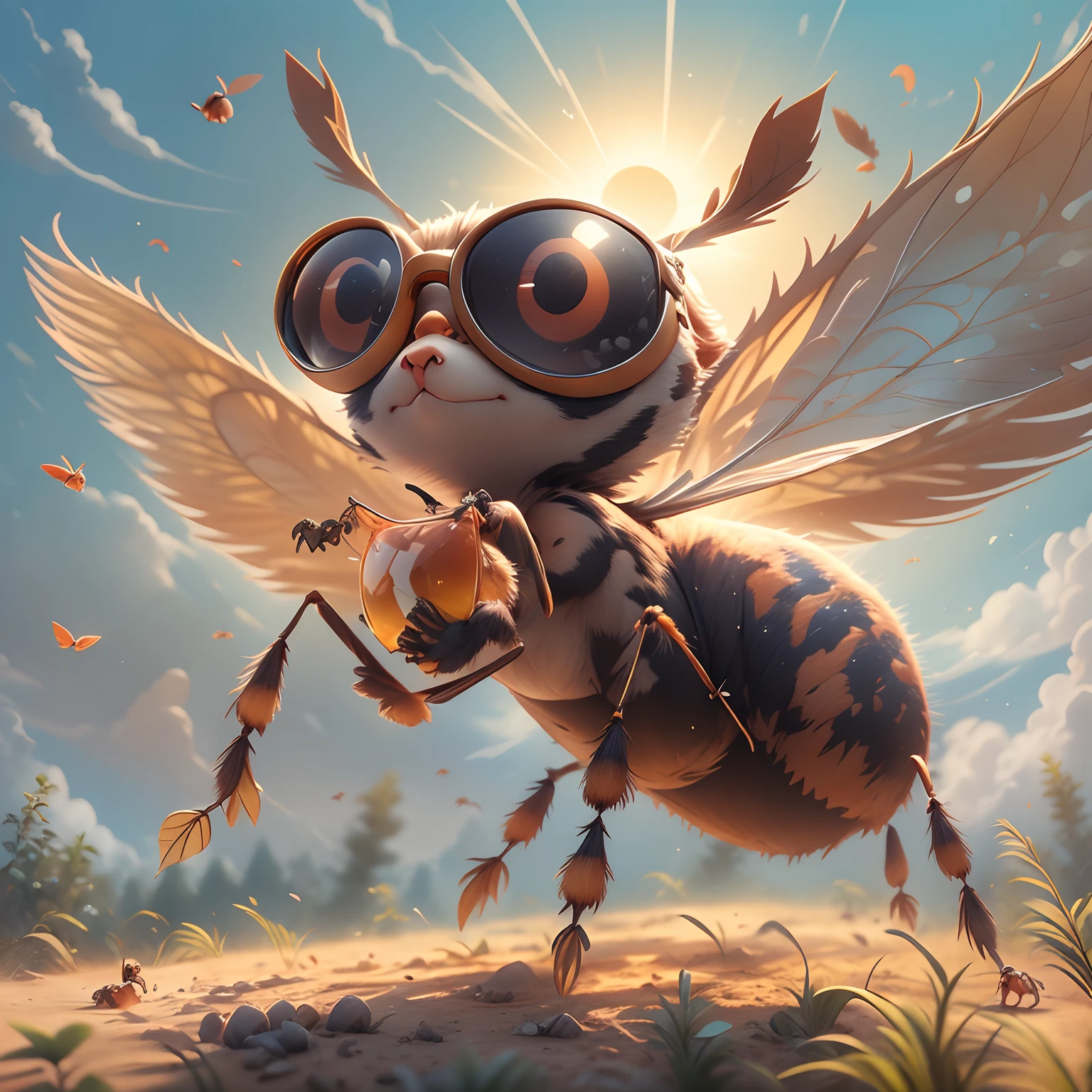 一隻會飛的螞蟻，英俊的，威風凜凜，戴護目鏡，卡通風格，數位繪畫，背景是天空，陽光照在螞蟻身上