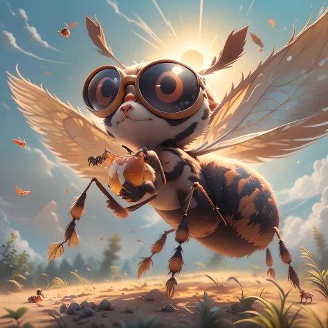 A flying ant，Handsome，majestic-looking，Wear goggles，cartoonish style，digitial painting，In the background are the sky，The sun shi...