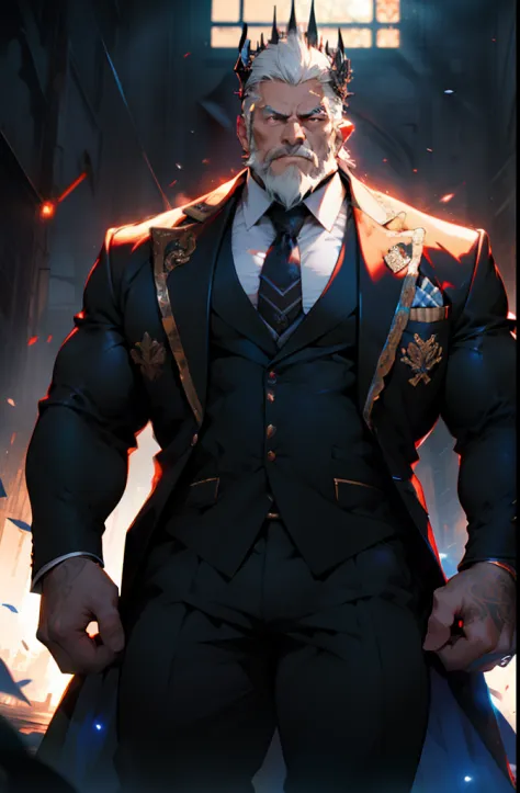 old man, bara,king, thick body, fat,long ornate suit.long tie,luxury,devil crown,white beard,white hair,handsome, sharp gaze, in cage,glowing red eyes,big eyes, big bulge, standing, hide hands behind hip, hd quality, masterpiece, extremely detailed, lookin...