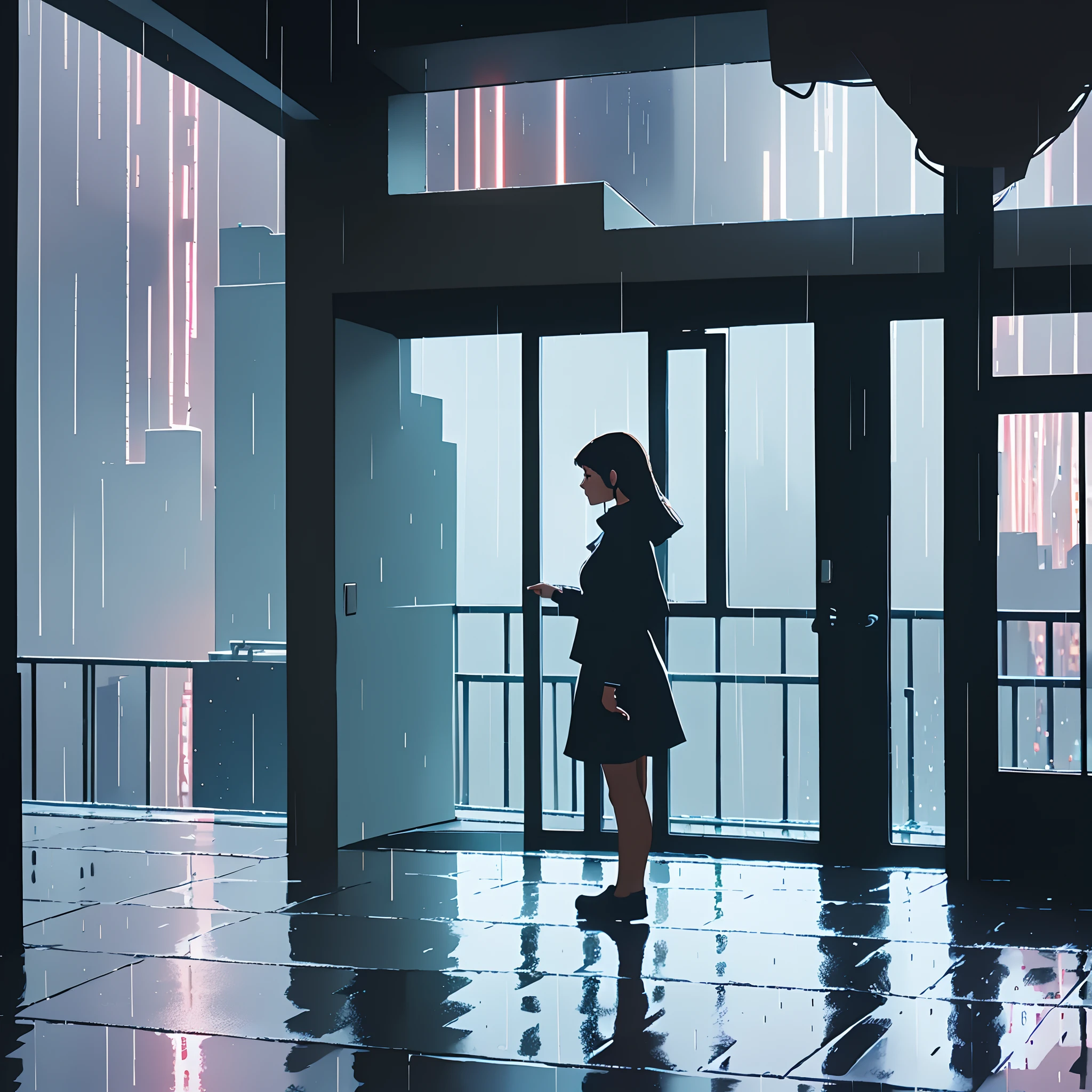 girl standing in her room, rain, panorama view over a city, rain outside her window