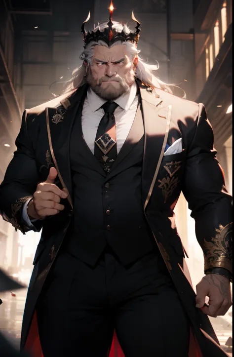 old man, bara,king, thick body, slightly fat,long ornate suit.long tie,luxury,devil crown,white beard,white hair,handsome, sharp gaze, in cage,glowing red eyes,big eyes, big bulge, standing, hide hands behind hip, hd quality, masterpiece, extremely detaile...