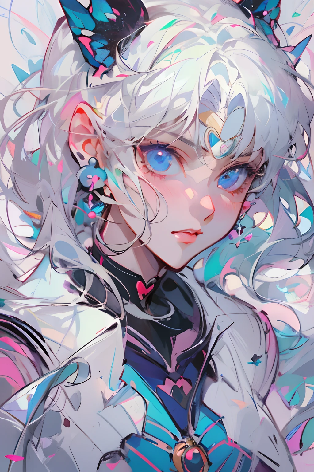 anime girl with blue eyes and a white hair with a butterfly on her head, a character portrait by Sailor Moon, trending on Artstation, process art, portrait knights of zodiac girl, knights of zodiac girl, rossdraws pastel vibrant, detailed fanart, portrait anime space cadet girl, :: rossdraws, detailed digital anime art, digital anime illustration, rossdraws cartoon vibrant