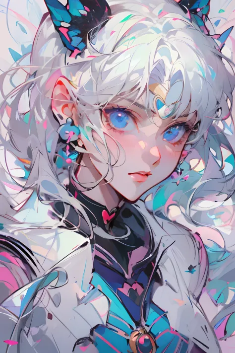 anime girl with blue eyes and a white hair with a butterfly on her head, a character portrait by Sailor Moon, trending on Artsta...