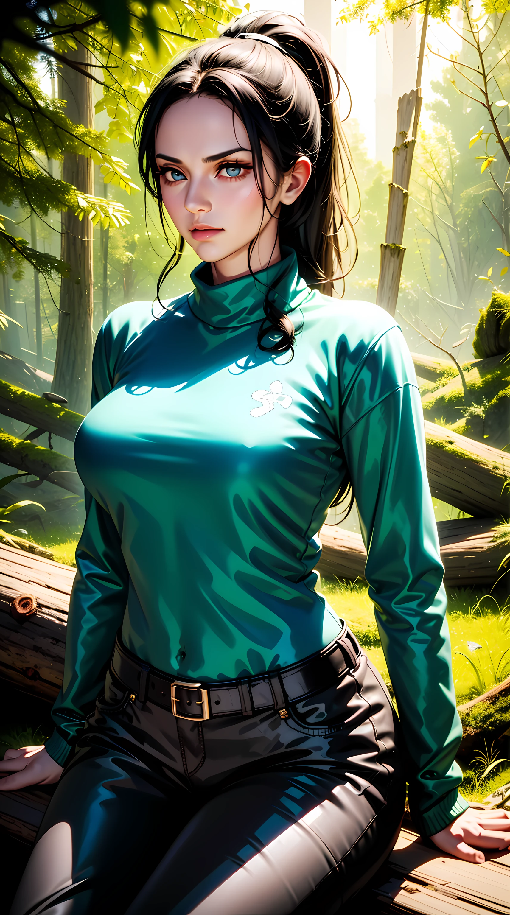 NicoRobinV3, nico robin from the anime one piece, long hair, black hair, bangs, ponytail, ponytail, sitting on a log, beautiful, beautiful woman, perfect body, perfect breasts, wearing a sweater, wearing jogger pants, in the forest, camping, camping tent , trees, night, nighttime, campfire, looking at viewer, slight smile, realism, masterpiece, textured skin, super detail, high detail, high quality, best quality, 1080p, 16k