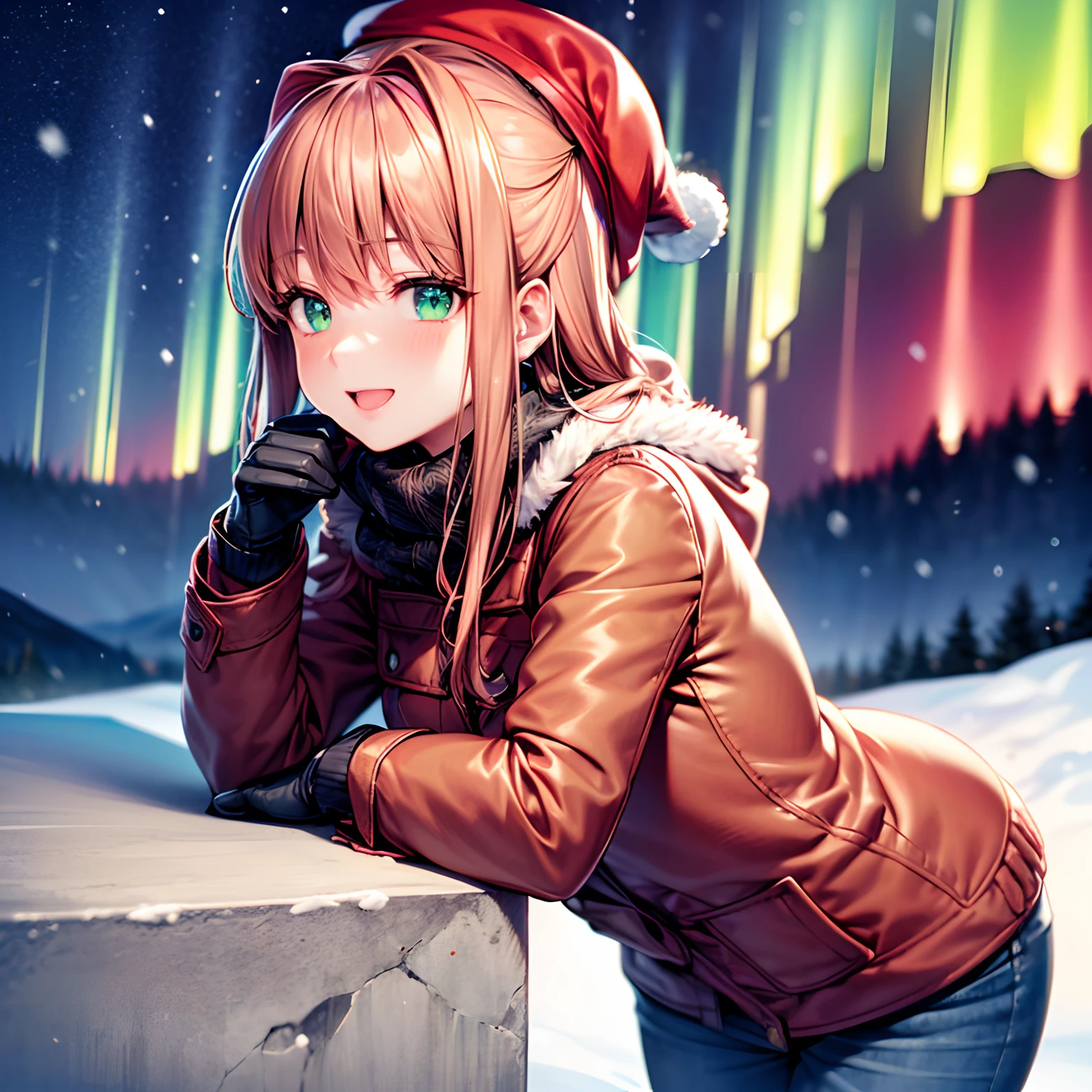 (masterpiece, best quality:1.2), (perfect anatomy), perfect face, highres, high-definition quality, 4k quality, (1girl), (ddlcmonika), green eyes, (detailed eyes), (perfect eyes), (coral brown hair), (extremely detailed background), (night sky), (aurora borealis), (looking at the sky), (looking up), (winter), snow, (winter coat), (winter trousers), (winter hat), (winter gloves), detailed clothes, intricate details, scenery focus, side view, happy, impressed, excited, rectangular body shape