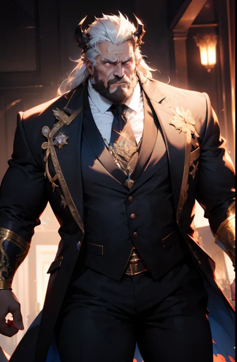 old man, bara,king, thick body,fat,ornate suit,long tie,luxury,devil crown,white beard,white hair,handsome, sharp gaze, in cage,glowing red eyes,big eyes, big bulge, standing, hide hands behind hip, hd quality, masterpiece, extremely detailed, looking to t...
