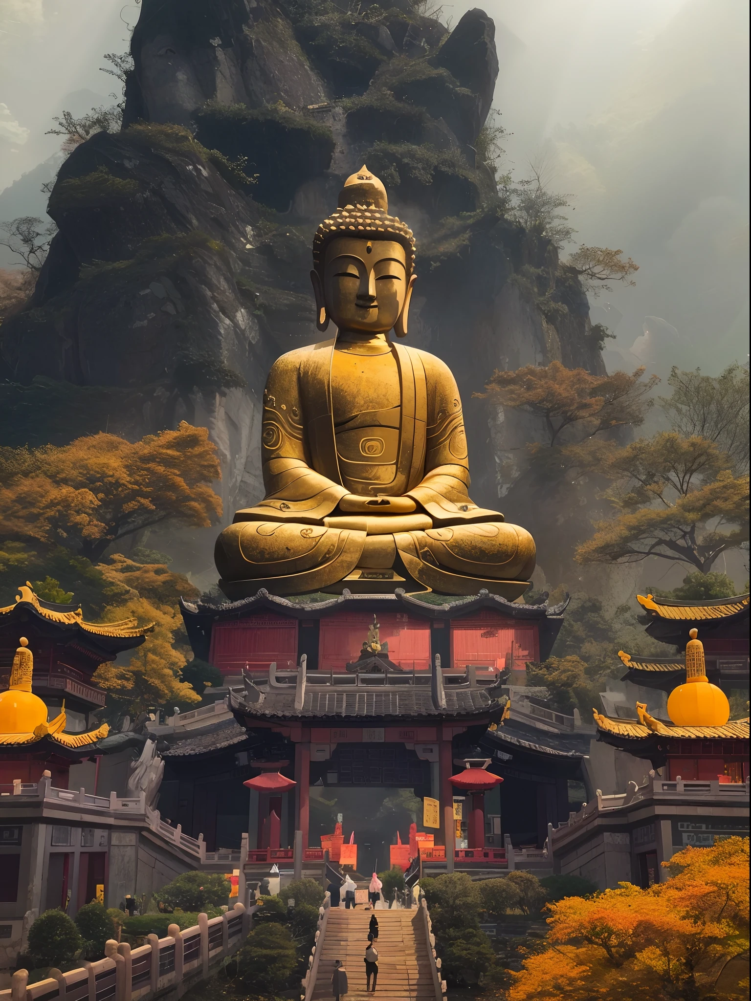 （A huge Buddha statue），A Chinese Buddha statue，frontage，holy rays，Resplendent，glorious，Holy，Lots of orange-yellow，with light glowing，Be with nature,Faraway view，extremely detailed nipple，of the highest quality，8K