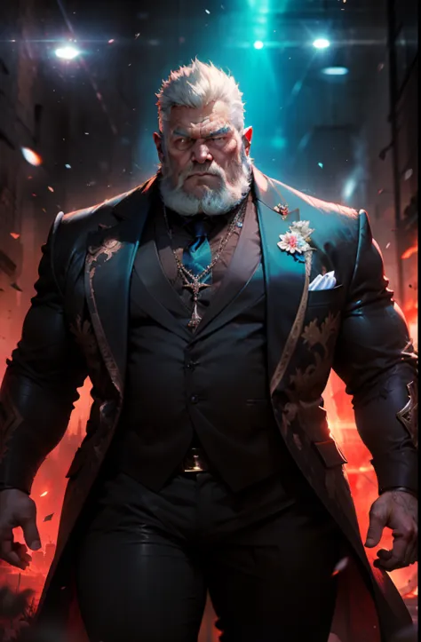 old man, bara,admiral, thick body,fat,ornate suit,long tie,luxury,devil tattoo,white beard,white hair,handsome, sharp gaze, in cage,glowing devil eyes,big eyes, big bulge, standing, hide hands behind hip, hd quality, masterpiece, extremely detailed, lookin...