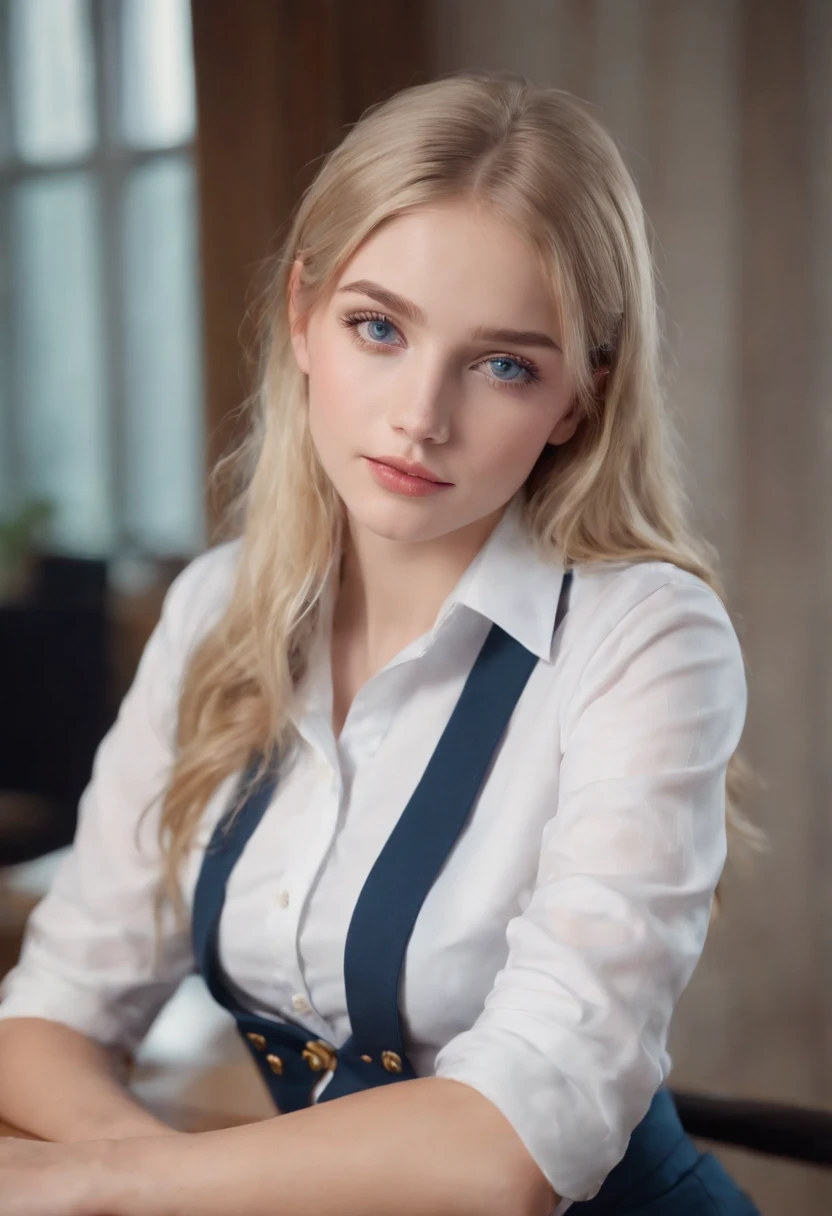 1 girl, hyperrealistic, school girl, uniform,20 years old, very beatifull,School uniform blue eyes, blonde hair, open legs,on desk, backround flue, 8k, touching legs, , teen,cowboy shot