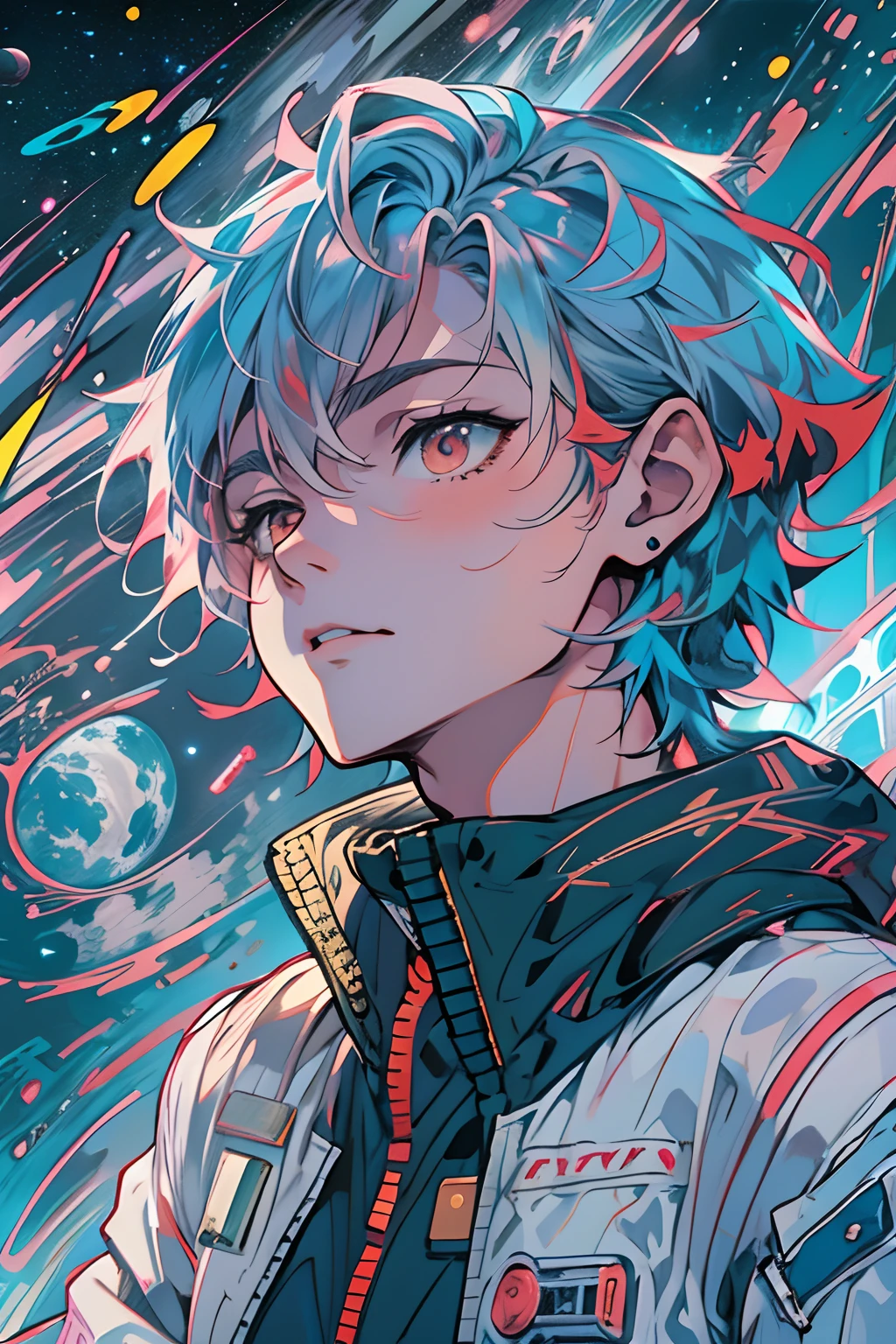 chico anime con cabello azul y una chaqueta colorida mirando al cielo, Chico anime con cabello cósmico, Fondo de pantalla manga 4k, exhibición cósmica anime art nouveau, estilo anime 4k, solo una broma, retrato anime cadete espacial chico, Fondo de pantalla de arte anime 4K, fondo de pantalla de arte anime 8 K, fondo de pantalla de arte anime 4k, Niño en el espacio, arte oficial, chico cósmico